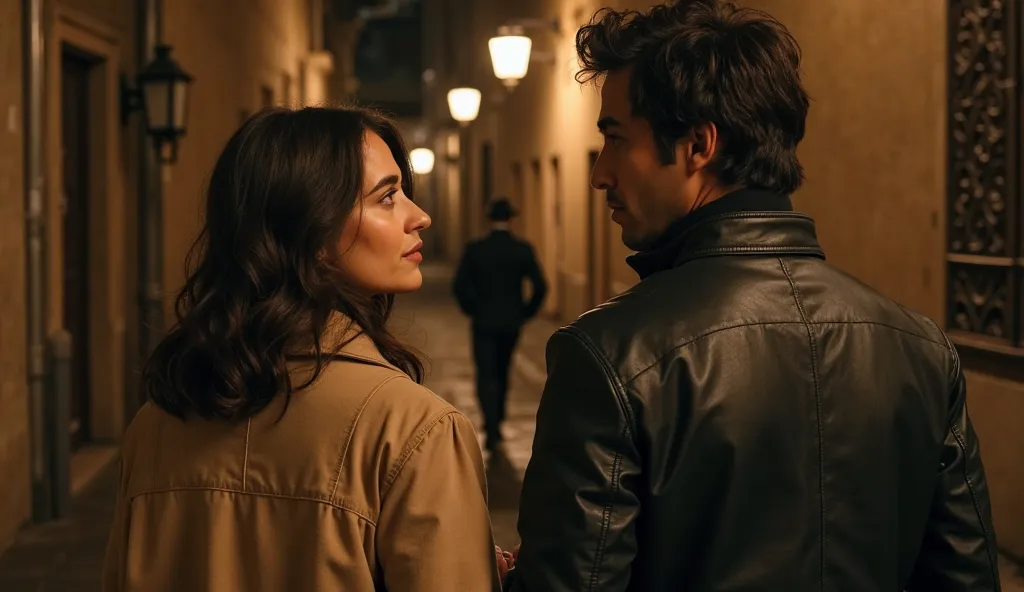 Clara and Javier walk through a quiet, dimly lit street, their steps slow, reluctant to part. Clara, wrapped in her elegant beige coat, looks up at Javier, her deep brown eyes filled with warmth and longing. Javier, dressed in his worn leather jacket with ...