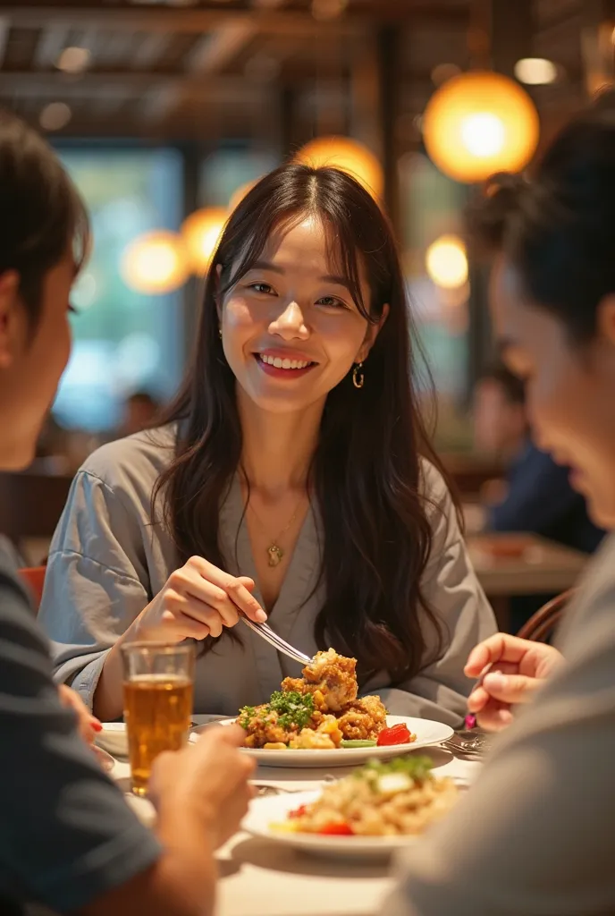 A beautiful Korean woman, with a beautiful face, long hair, wearing a casual Korean dress, is in a restaurant with a beautiful Korean-looking  aged . Long hair in a ponytail, and a Korean man with a detailed, handsome and tall face, the atmosphere of the t...