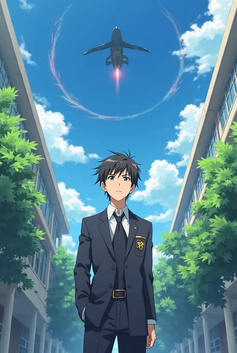 Anime handsome   boy looking suddenly toward sky to An upcoming danger in school uniform he is calm sudden sense danger