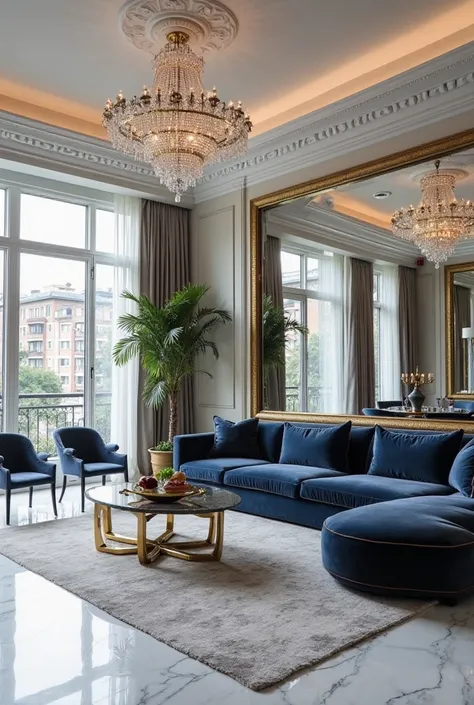 A sophisticated living room featuring elegant white marble flooring, a large, luxurious velvet sofa in deep navy, gold accent tables, and grand crystal chandeliers hanging from the ceiling. Large floor-to-ceiling windows let in natural light, highlighting ...