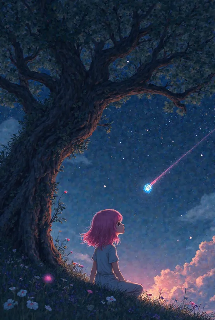 I can see the back of a girl with pink hair under a tree, and I'm looking at the background of shooting stars. A meteor looks like a gift box.