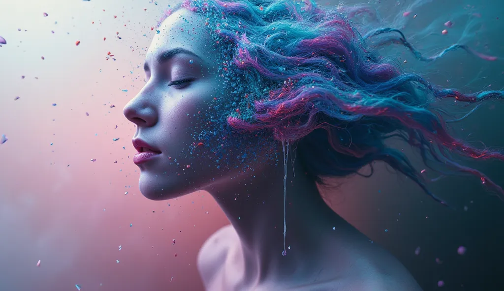 A surreal image of a human face disintegrating into colorful particles, symbolizing digital evolution. 16k resolution 