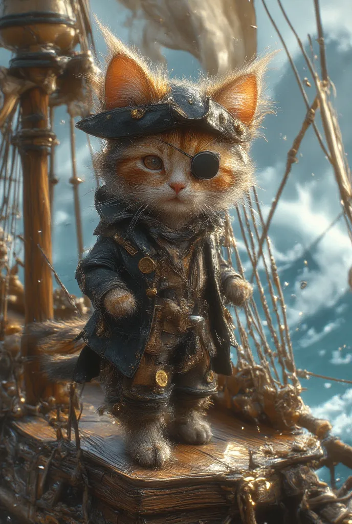 a antropomorphic tiny little black/orange striped baby cat with, wearing pirate clothes, pirate hat, with an eye patch, he is on a pirate ship, sea in the background
