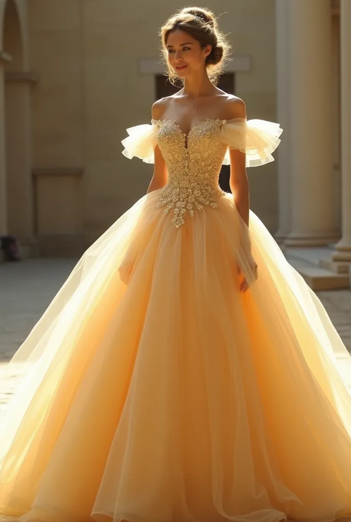 "Design a breathtaking, princess-style ball gown in a gold color. The dress should feature an off-the-shoulder design with delicate, layered tulle sleeves, creating a romantic and ethereal look. The bodice should be fitted with subtle floral appliqués and ...