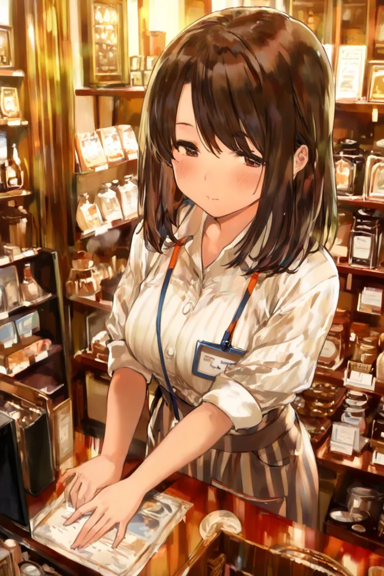 Illustration of a girl working as a store manager in a Japanese antique shop