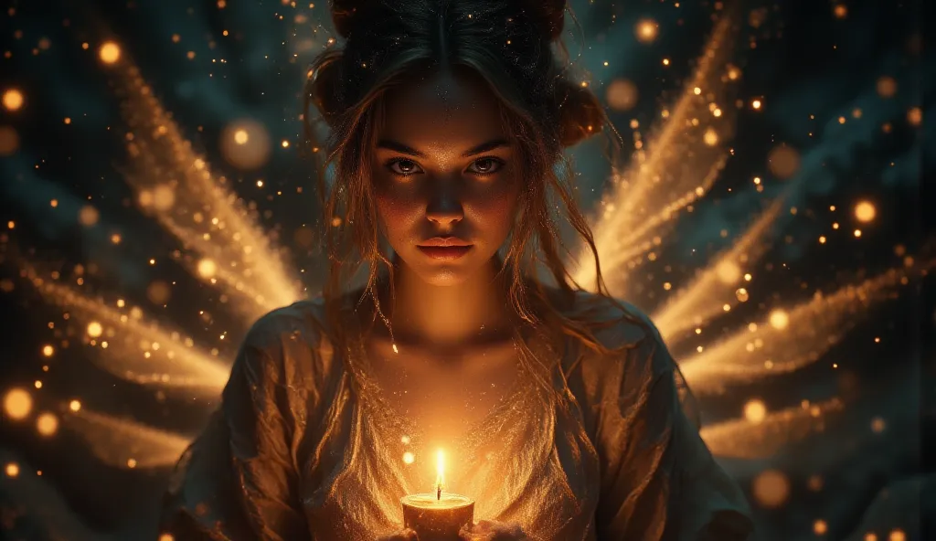 Best quality, 8k, 4k, super detailed

Shine little Golden particles surrounding and floating.

 A beatiful woman, is sitting in a dimly lit bedroom, clutching a flickering candle. Surrounding her are four angels, glowing softly and appearing to watch over ...