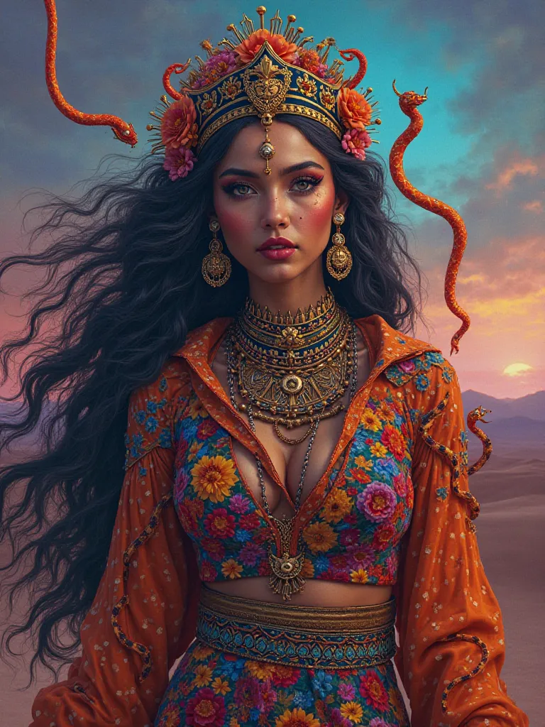 Create an image. #realistic # ArtSea Infinity . (HD) (32k) vibrant colors. Ultra detail of a vivid scene of:

Mystical portrait of Malinalxóchitl**: A visual representation of Malinalxóchitl as a beautiful sorceress, surrounded by vibrantly colored snakes....