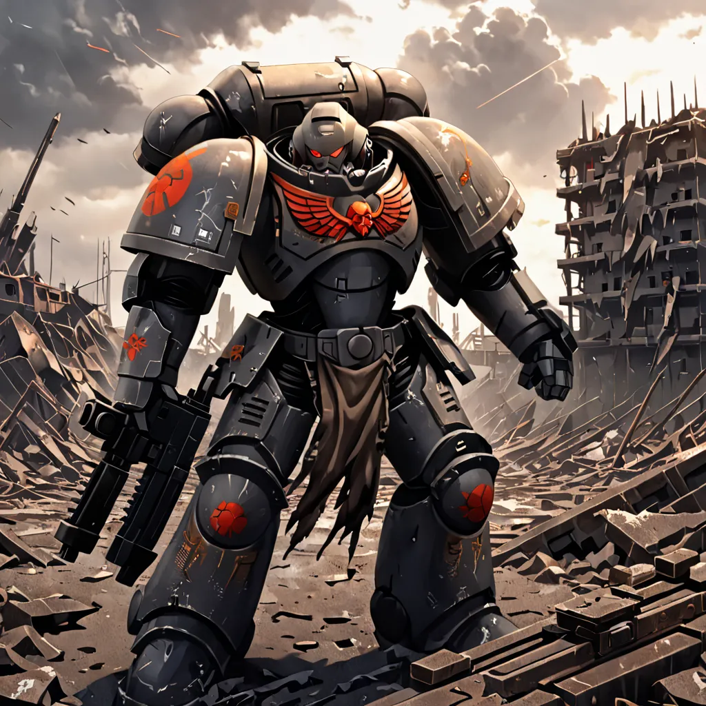 Heavily damaged and battle-worn mecha warrior standing in a desolate, war-torn landscape, rusted and scarred armor plating, red glowing eyes piercing through the grime, ornate and imposing pauldrons and shoulder armor, gripping a massive machine gun in a p...