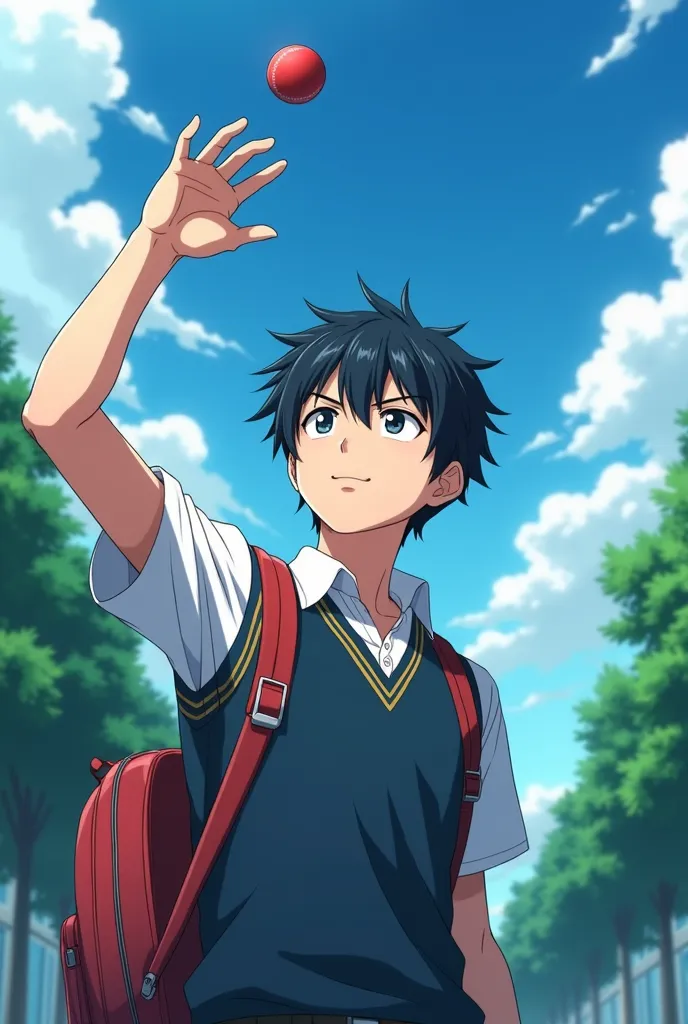 Anime handsome   boy looking suddenly toward sky to An upcoming danger in school with a school bag with his female freshman uniform he is calm sudden sense danger closeup super instinct eyes toward sky looking intense catching cricket ball with one hand