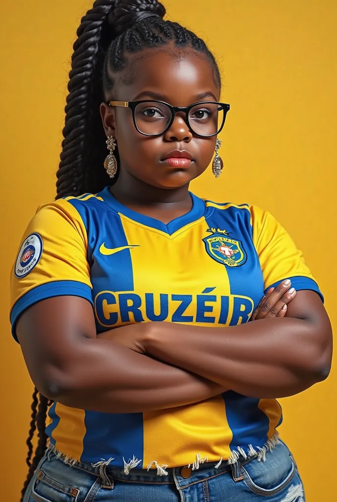 A chubby black girl, hyper realistic4k,braided , dark glasses,With shiny earrings,with the Cruzeiro team jersey and frayed jeans.