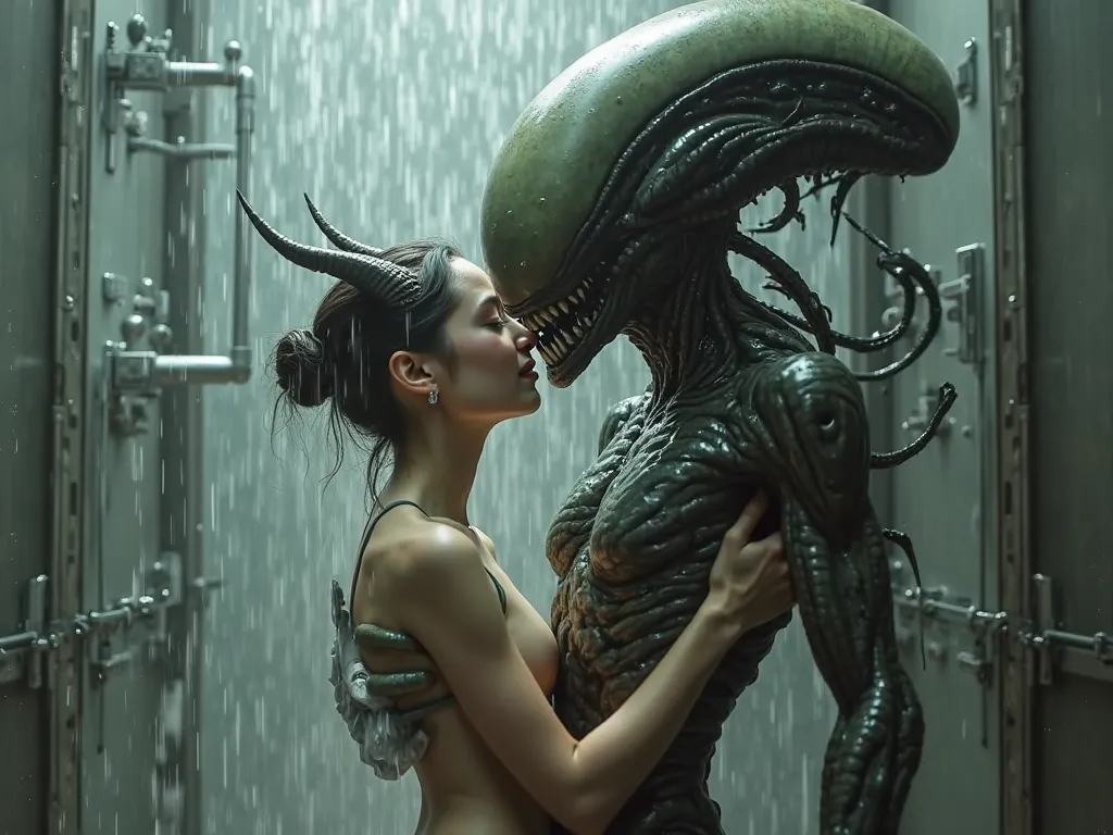 cute petite girl with horns cuddled with Geiger xenomorph, extremely thin skinny body, mischievous smile, implied sex, spaceship shower