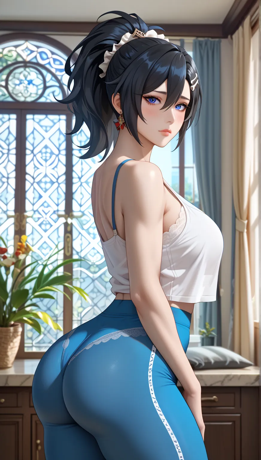 (masterpiece, best_quality:1.2), 1girl, solo, mature female, Zhu Yuan Zenless Zone Zero, black hair, ponytail, (housewife:1.5,), beautiful eyes, female focus, looking at viewer, medium breast, thick thighs, wide hips, ((solo)) detailed, very high resolutio...