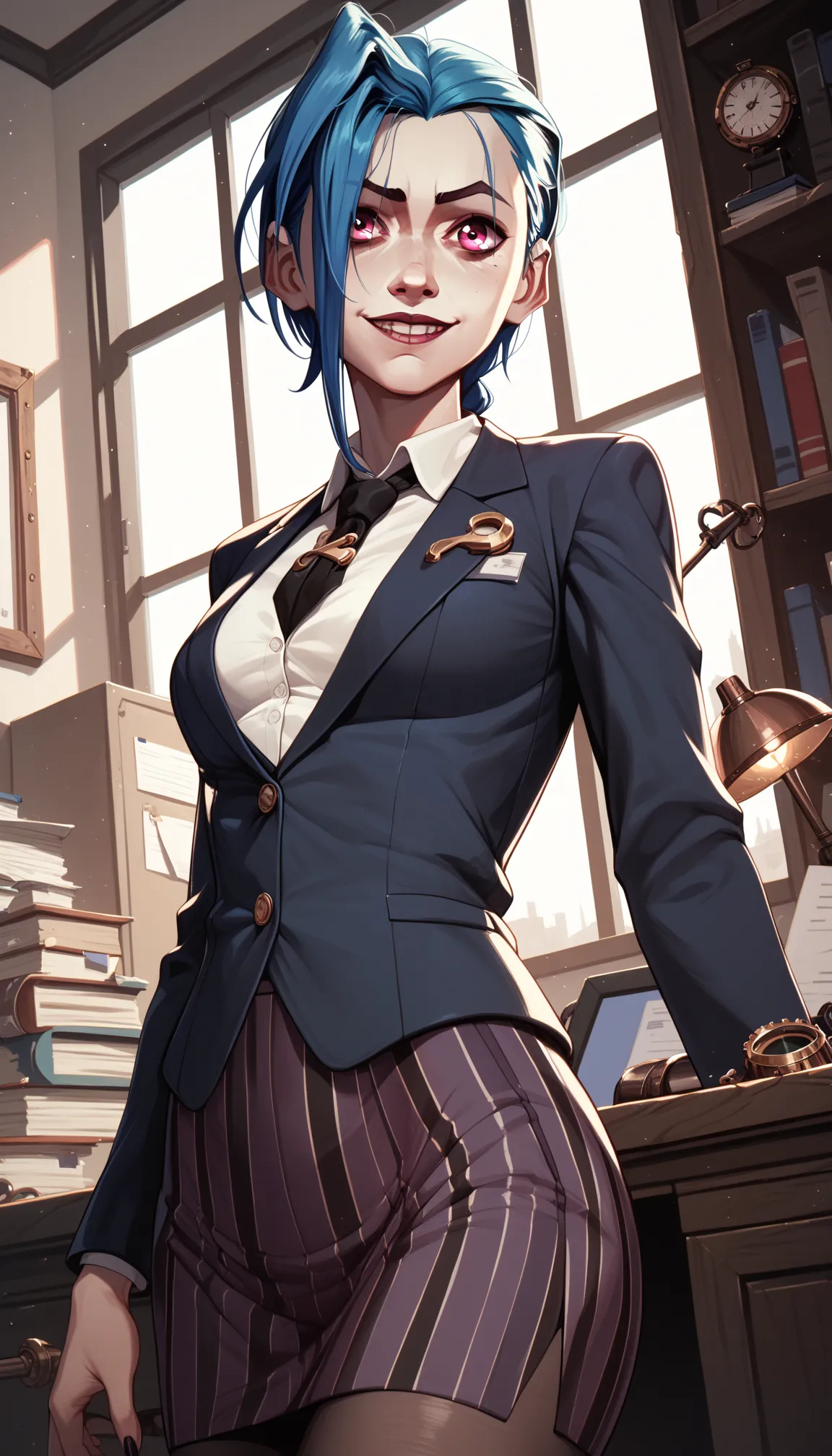 snucleus_9,snucleus_8_up,nucleus_7_up,Jinx,  arcanic style , steampunk, darkness,  Dark Composition  , red and blue tones, in a mystical style  ,  very sexy , funny,  purple-pink eyes ,  blue hair,  medium breasts, slight smile, office lady, office room, i...