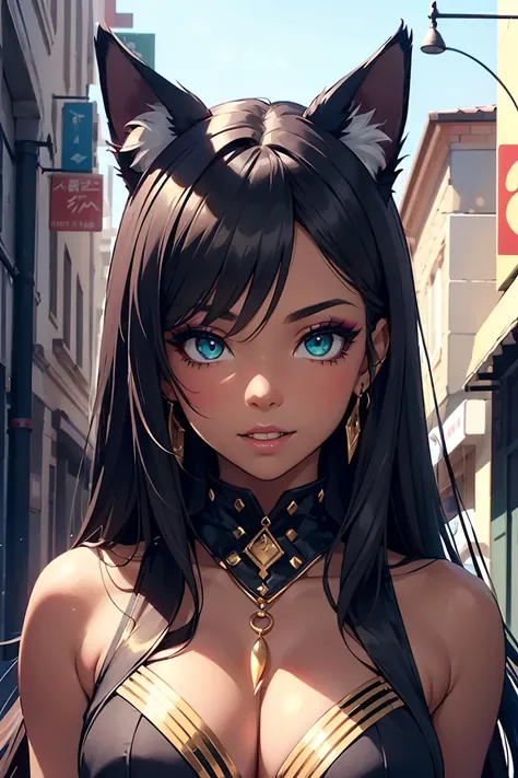 (( 1 girl )), ((dark skin)),Bastet, (( with a young face)),Cat ears, Gold decoration, Bare Belly,   grin , Street fashion these days, solid color background, (cute), (( looking down )),((very well detailed,top quality, High Resolution,  8k Wallpaper, Beaut...