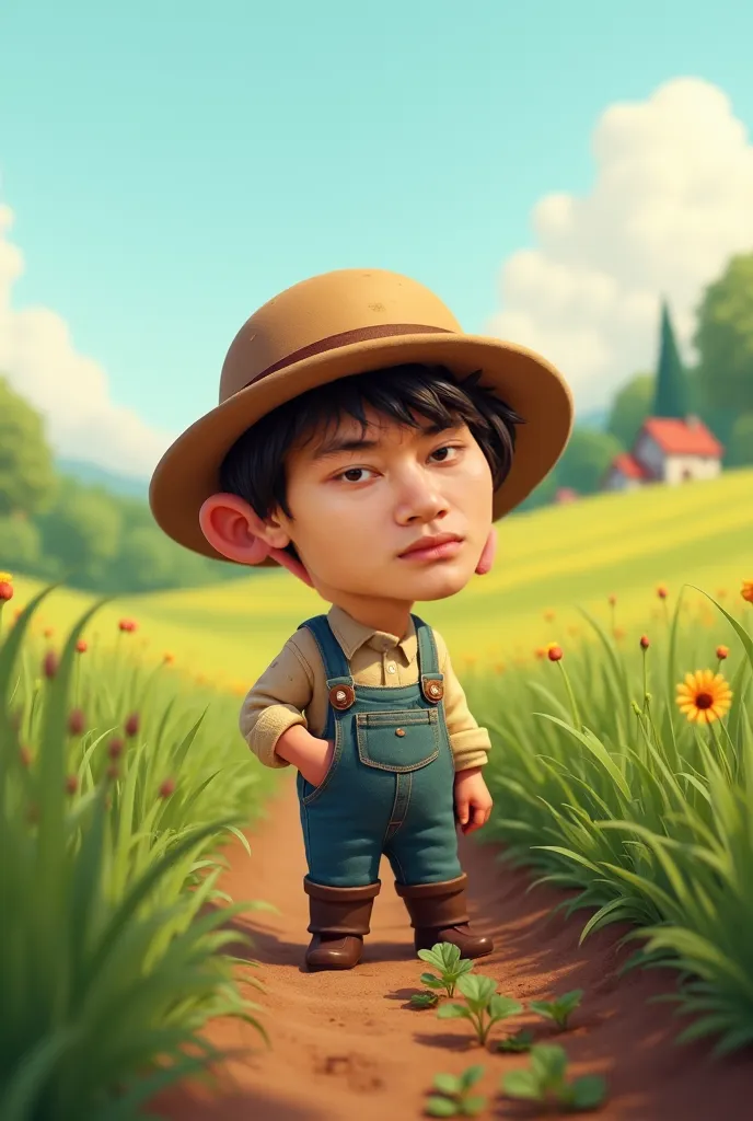 chibi character creation, is a farmer working the field, whose face looks like the picture, funny european country photo