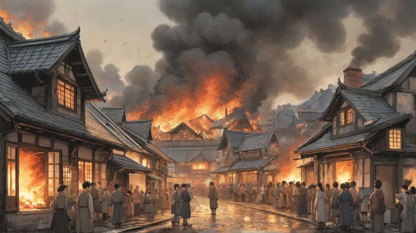 The number of burning brick buildings々、Crowds Watching Outside、Lots of People Outside々Gathered、staring at the house engulfed in flames。Somebody Shouting、Someone Praying。Person screaming 々、Fire Flaming Houses and、Crashing Roofs、Streetscape Covered in Smoke、...