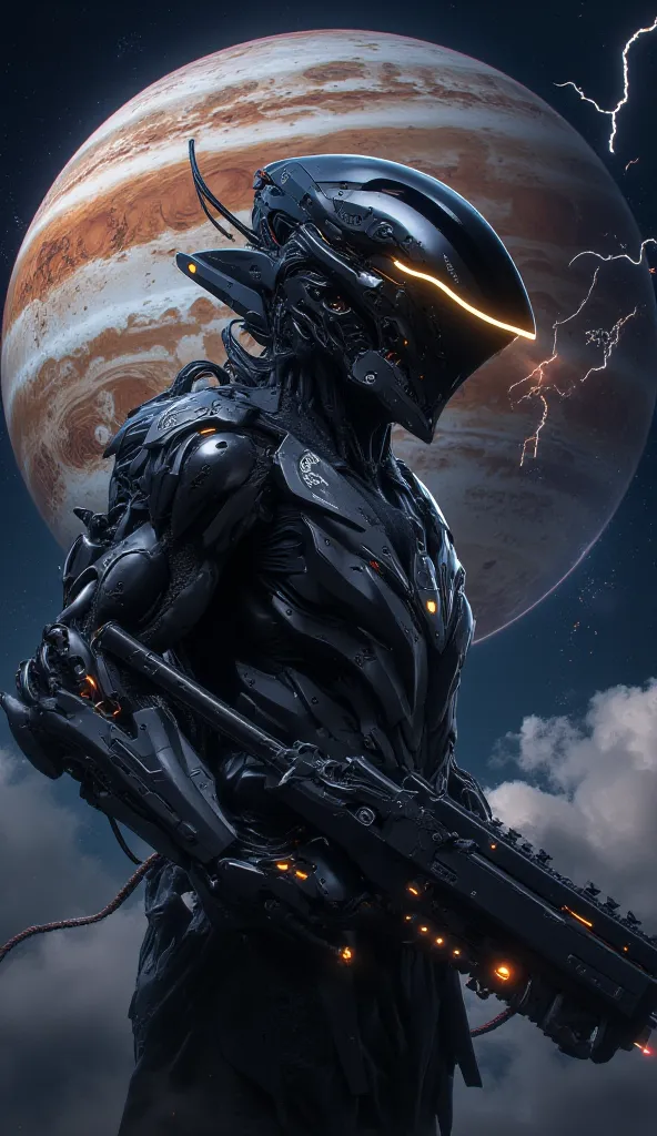 Here’s a polished and detailed prompt for your concept:

"Create an ultra-realistic, highly detailed depiction of a night warrior standing on the surface of Jupiter, surrounded by its chaotic, stormy atmosphere. The warrior is wearing futuristic helmet arm...