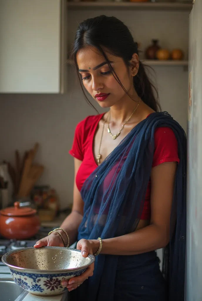 Pretty like princess, indian woman is washing dishes in the kitchen,she is wearing dark blue transparent saree on a bright red blouse,she is sweating heavily while washing dishes,sweat droplets are visible on her body,red glossy lips, sharp Arabic eye make...