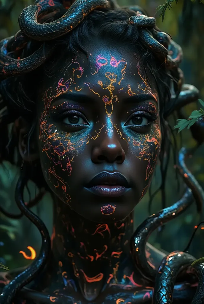 "A young black woman with very dark skin, medusa hair, colorful snakes, multicolored, furta-cor. the delicate face, with snakes curling around your head in a beautiful and seductive way, realistic way. The finely detailed scale texture, Showing details in ...