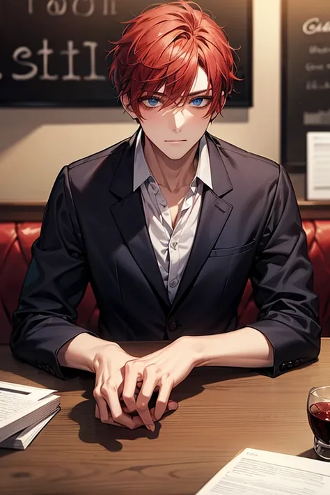 masterpiece, high resolution ,excellent quality , man, , male gender, Attractive face, very detailed face, school uniform   , red hair  , short hair ,  blue eyes   , Alone , in restaurant  