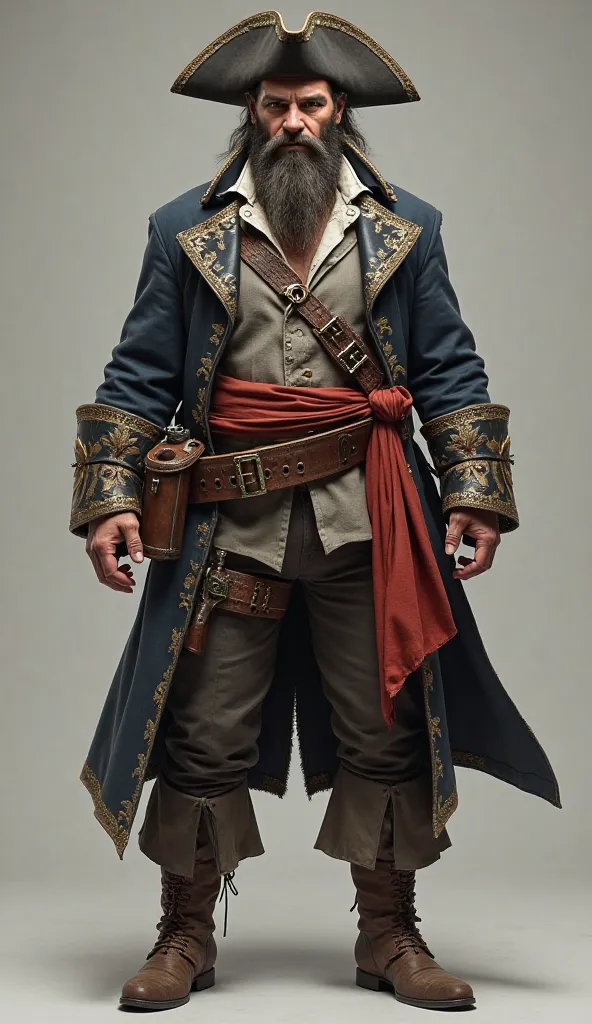 Bearded man in pirate captain costume、The image of black leather boots, standing, full body image, realistic style