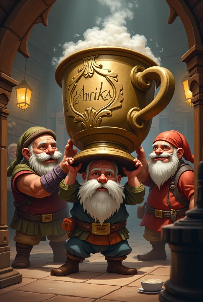 The theft of a huge coffee cup with the name Antika by a group of dwarves from inside Cafe Antika