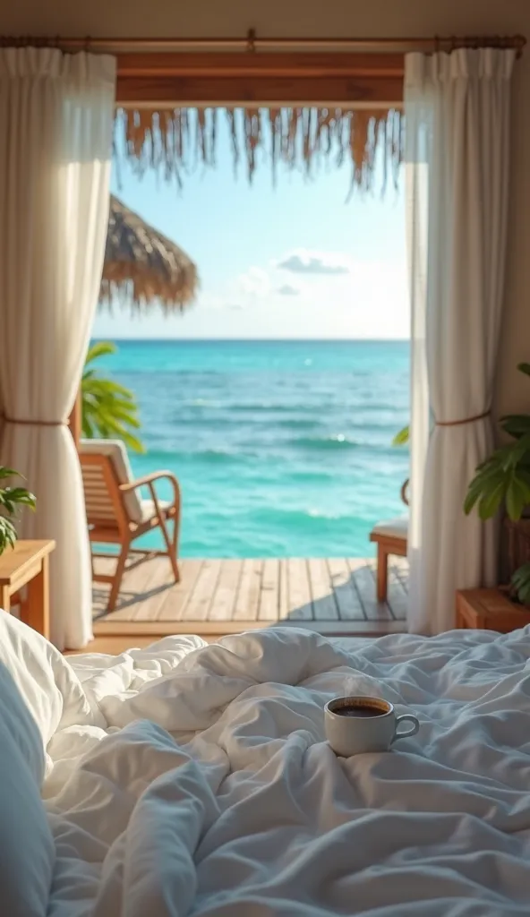 "POV shot from a cozy bed with white linen, looking out through an open wooden balcony at a breathtaking turquoise ocean. Soft morning sunlight reflects on the calm water. A gentle breeze moves sheer white curtains. A cup of steaming coffee sits on a woode...