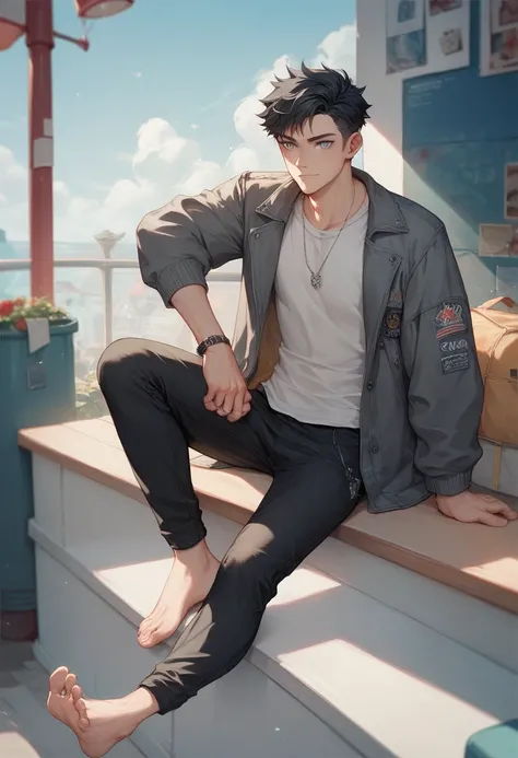 Boy with clear feet together of an old gray eyes black hair wearing a gray white t-shirt jacket 
And some black pants 