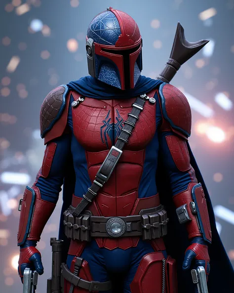 Spider-Man as a Mandalorian bounty hunter in the Star Wars universe. His Beskar armor is custom-forged in red and blue, with the iconic spider symbol painted on the chest plate. His helmet is Mandalorian-style but modified with a high-tech HUD displaying w...
