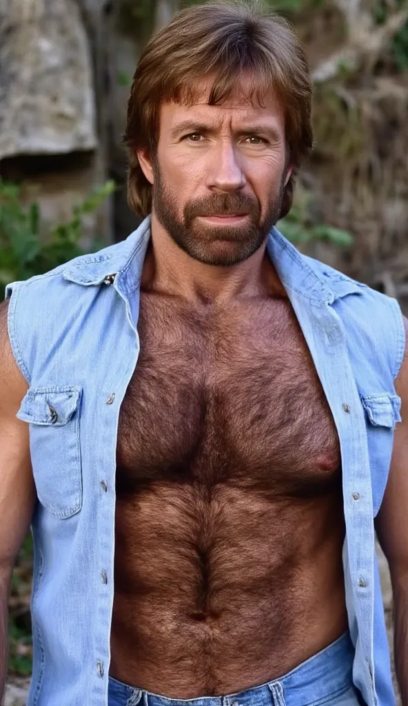 angry Chuck Norris, bodybuilder, big arms, muscles, thick beard, wearing light blue denim open shirt, sleeveless, masculine, hairy chest