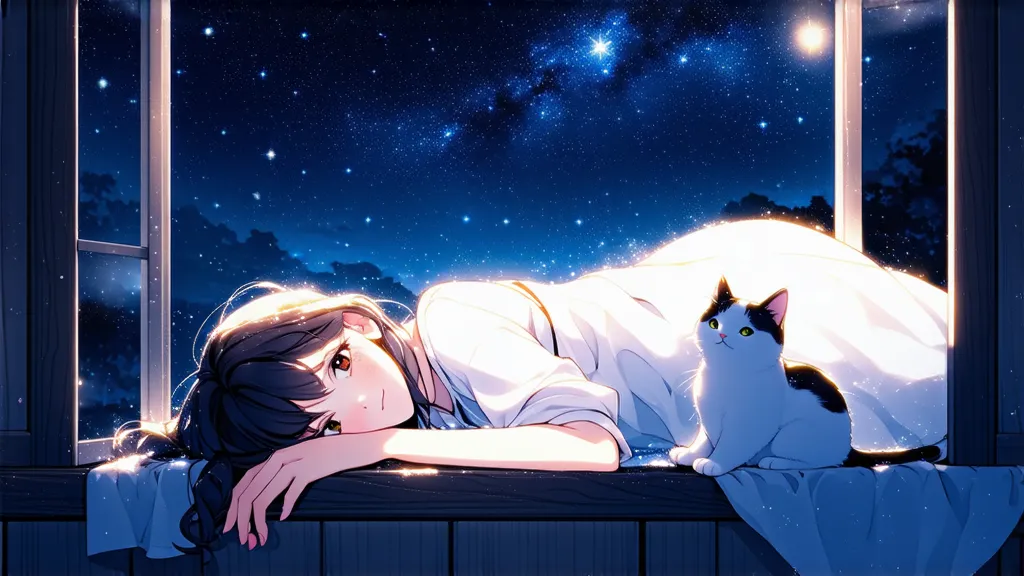 Night atmosphere（A window where you can see the starry sky、subdued lighting）
 girl（lying down、kind expression、soft light）
cat（I'm by your side、Relaxed Atmosphere）
 Anime Style （ delicate touch 、beautiful lighting）

