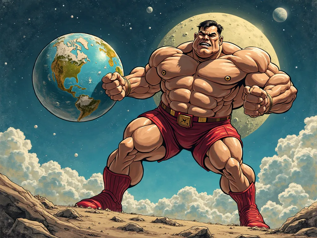 cartoon style image, Style a comic, A muscular man, She is gigante, bigger than planet Earth, The Earth is under him and he's trying hard to hold the Moon.