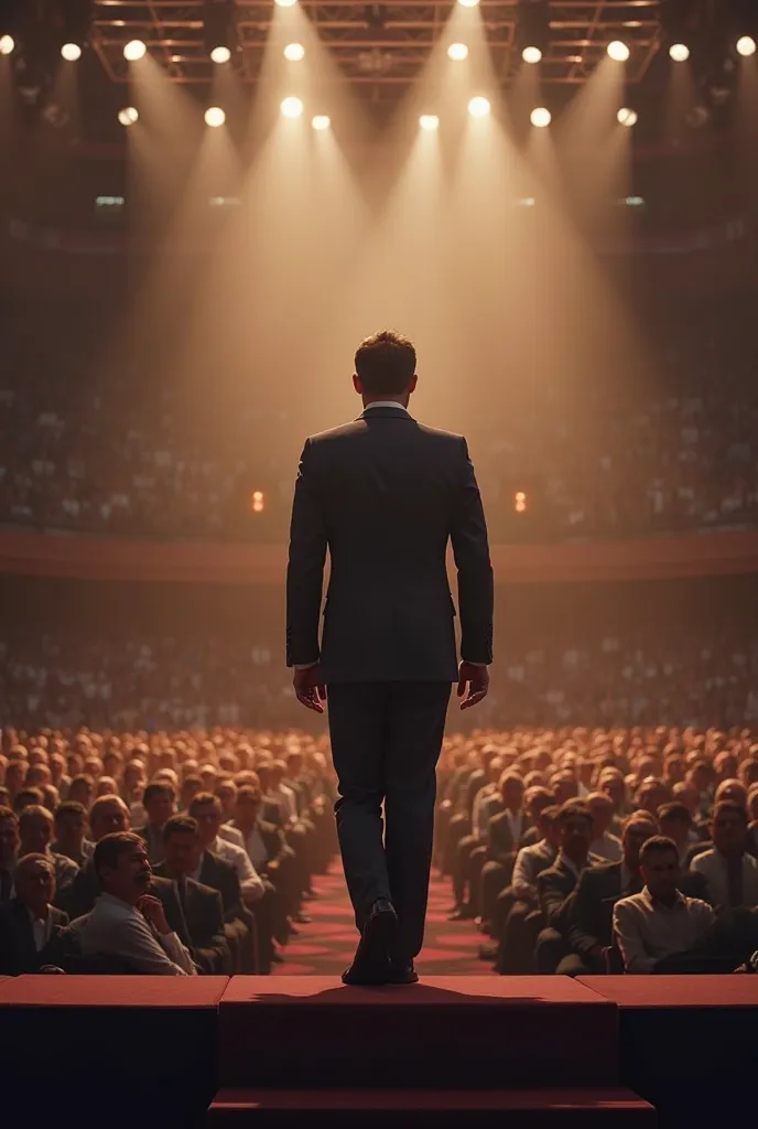 A businessman stepping onto a grand conference stage with bright spotlights and a large audience in front. He takes a deep breath, preparing to speak.