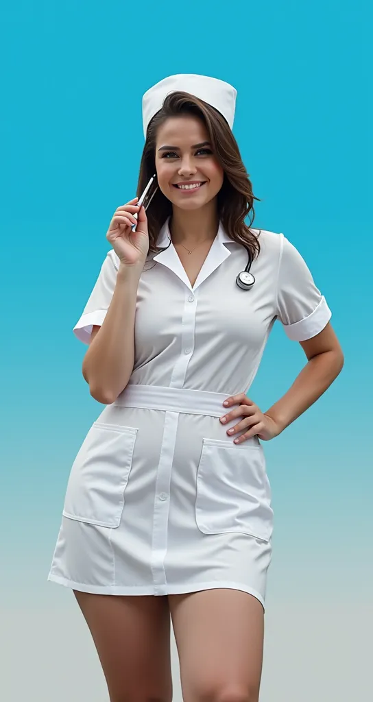 masterpiece, photograph of a beautiful young European Latin nurse, she wears a sexy and transparent uniform, mini fold,,  suggestive, sensuality, voluptuous with wide hips, cinematographic lighting, 8K,  Clear image , detailed, in High Resolution, 8K, simp...