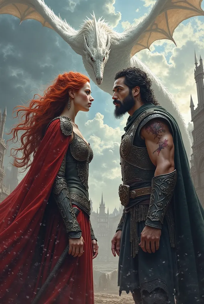 #image generator A red-haired woman queen of dragons warrior face to face with a black-haired warrior of the king with a scar on his arm, And in the sky a white dragon, In medieval times. Black fantasy narrative art design 