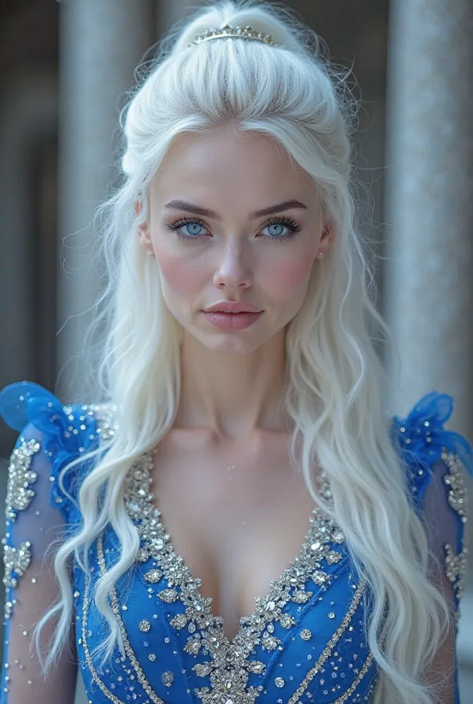 She is an 18-year-old Russian empress of breathtaking beauty, possessing delicate features and flawless porcelain skin. Her presence is regal, ethereal, and utterly captivating.

Her long, snow-white hair is gathered into a high ponytail, cascading like si...