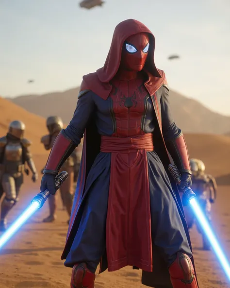 Spider-Man reimagined as a Jedi Knight in the Star Wars universe. He wears a sleek, red and blue Jedi robe with web-like patterns woven into the fabric. His lightsaber is a double-bladed weapon, glowing bright blue, with a hilt resembling his web-shooters....