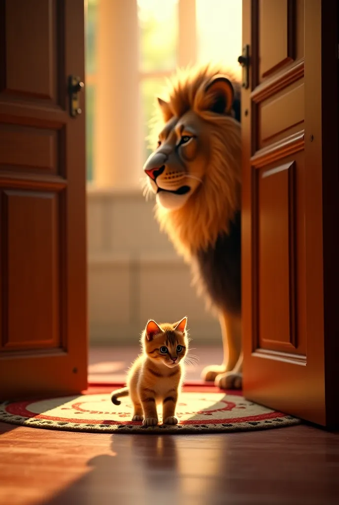 A kitten entering a door and a lion leaving a door