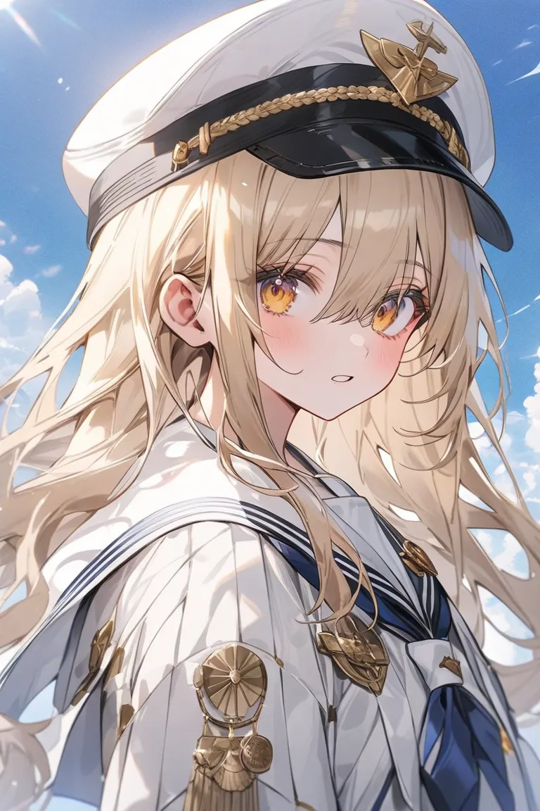 Hair color is blue 、Eye color is golden yellow eyes、The outfit is a white navy suit and a sailor suit wearing a white navy hat、笑顔の girl、 The background is the ocean　high image quality during sick leave　 girl　high quality　upper body