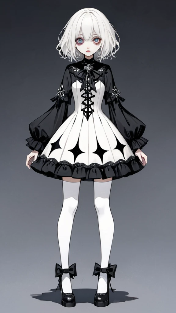 Tim Burton style、white hair, Gothic Lolita, full body, standing, white knee-highs, short dress, black dress,white dress, multi-colored dress,