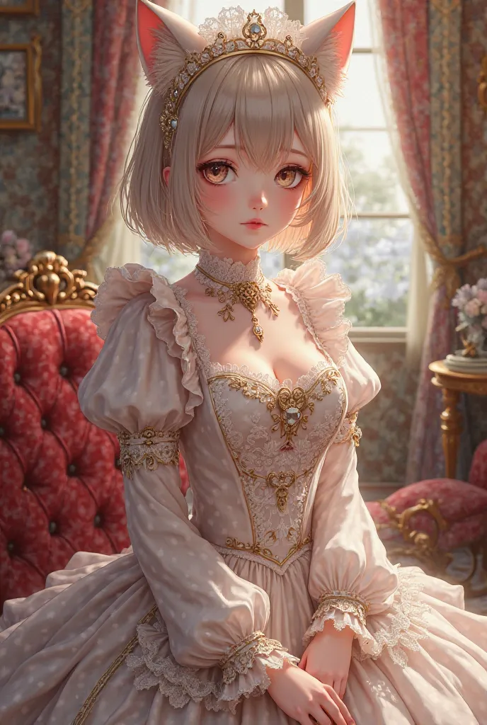  Cat's Ear，short hair，anime style，Royal sister， Maid Dress，Tsundere，full body