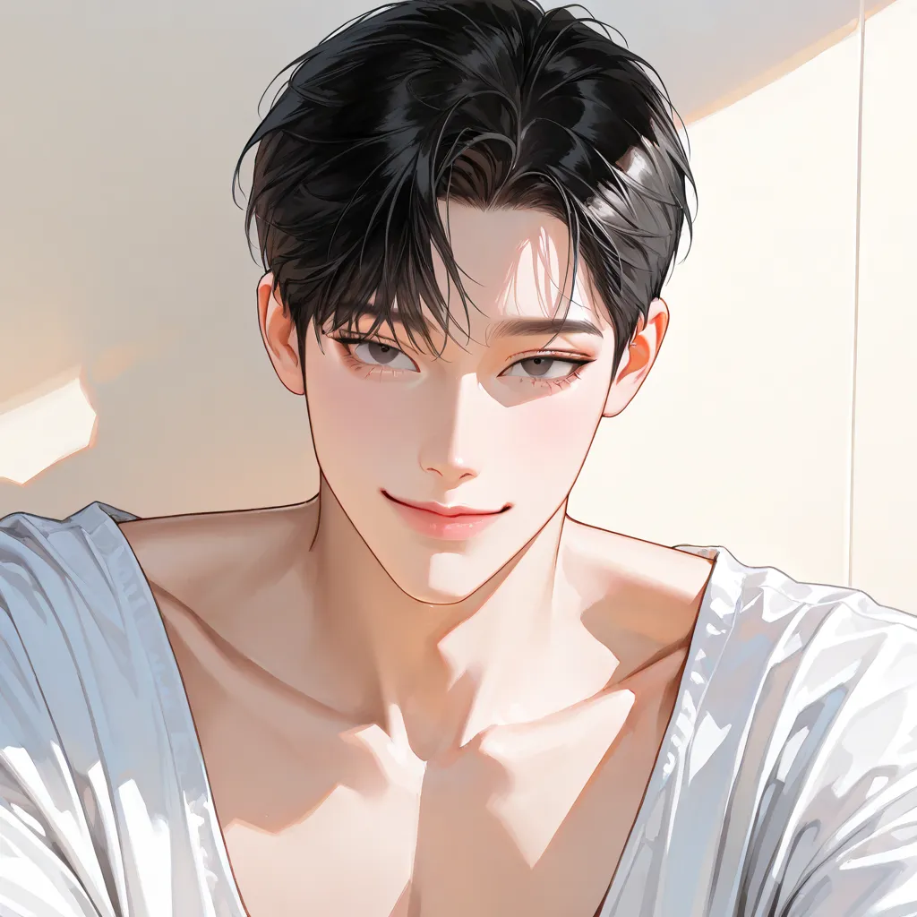 (((ultra high definition))), 걸작, 고화질, handsome,  sitting , (((upper body))), Dark circles, Worn out, black hair, 1 man, short hair, dark black hair, smile, A mean laugh, MALE FOCUS, handsome man, sharp eyes, Korean Comic Style ,  I can see my collarbone,  ...