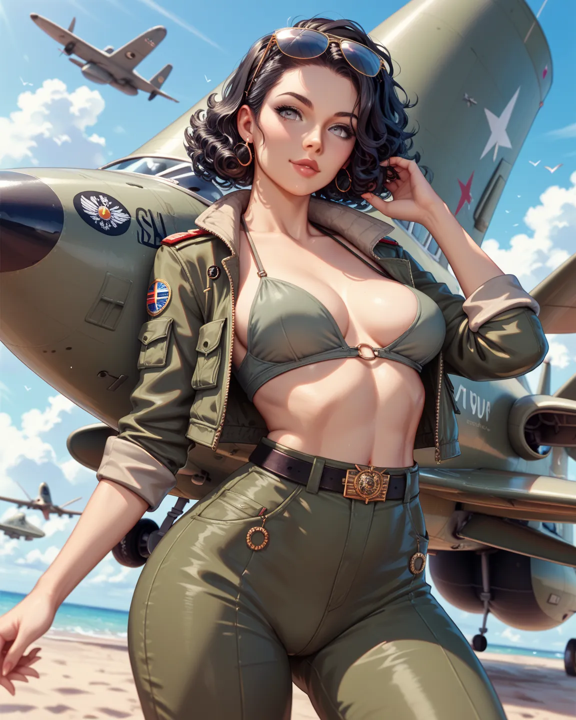 high quality. full hd (Beautiful woman with strong features) ( short curly black hair ) ( beautiful gray eyes ) (fair skin) (medium breasts) (medium waist and wide hips) (Do you wear aviator military clothing) (she is a military aviator) (woman with strong...