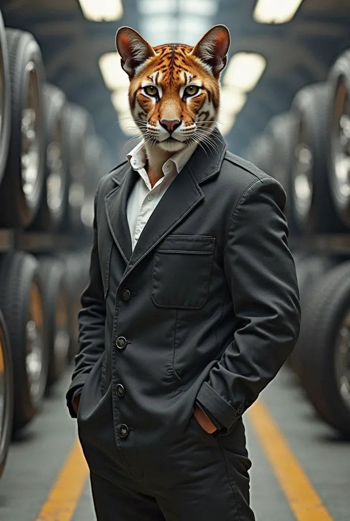 A puma or a tiger that looks friendly and delicate like a human being in a jumpsuit who projects security to my clients  . A tire business