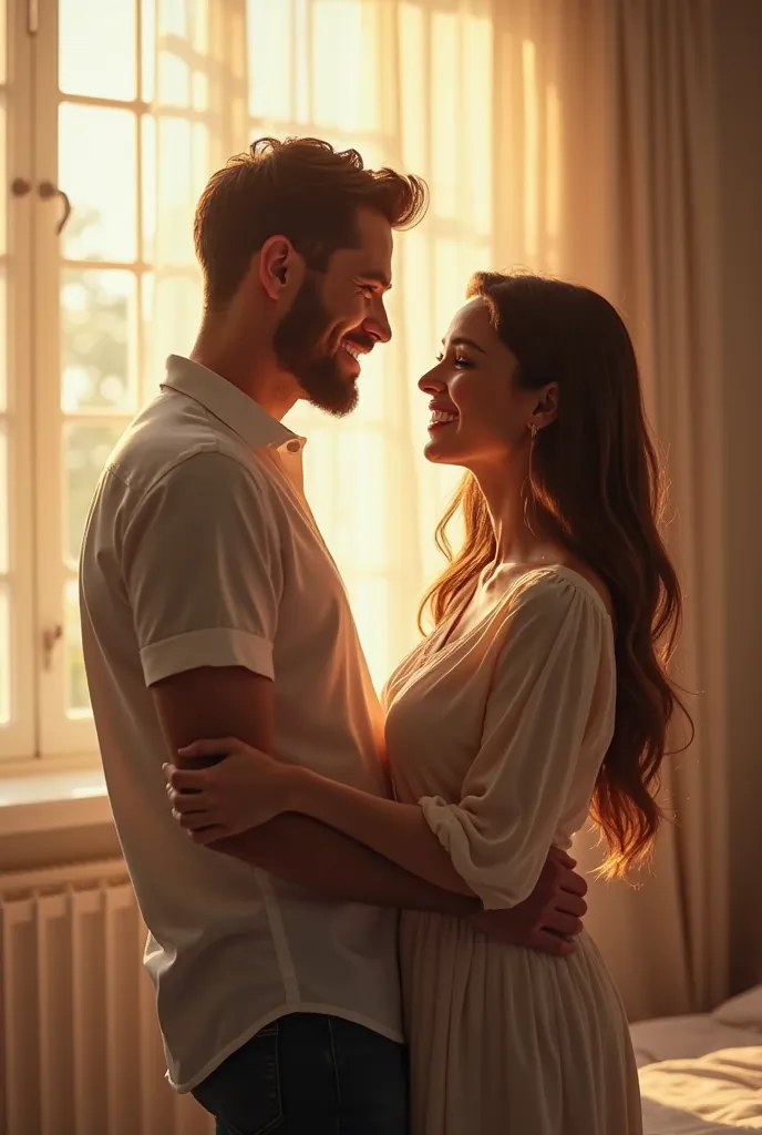 Husband and wife smile at each other in the morning