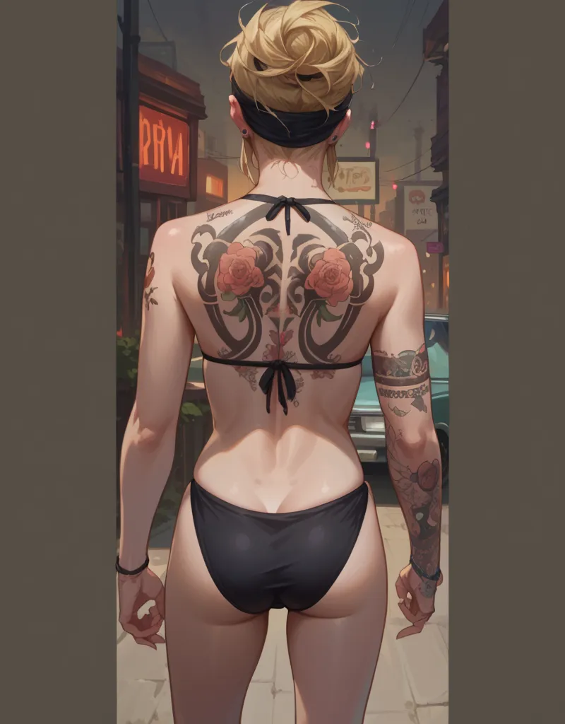 female back, tattoo de banda celta brazo derecho, tattoo "bony ox" on the back, Blonde 80s hair with a black headband, black bikini,  back view.