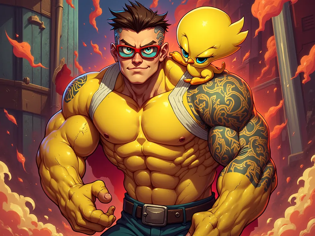 Warner Bros . “Tweety”, wearing red glasses  , strong, Tatto on the Shoulder, cartoon 