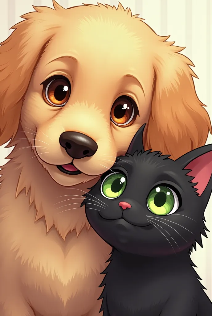 Animated image Golgen retiver dog with light brown eyes and black cat with light green eye color together only face image 