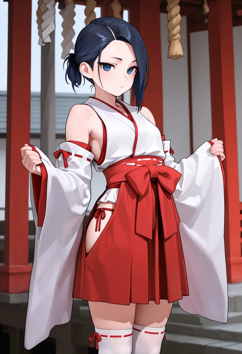 Long sleeves, exposed shoulders, underwear, cowboy shot, removable sleeves, kimono, wide sleeves, white knee socks, shrine maiden, red hakama, short hakama skirt, hip vents, side tie peak