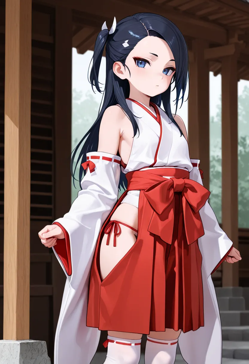 Long sleeves, exposed shoulders, underwear, cowboy shot, removable sleeves, kimono, wide sleeves, white knee socks, shrine maiden, red hakama, short hakama skirt, hip vents, side tie peak